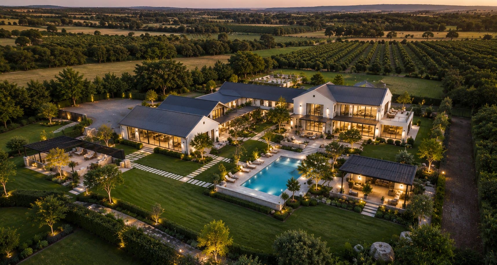 A managed estate set in open farmland